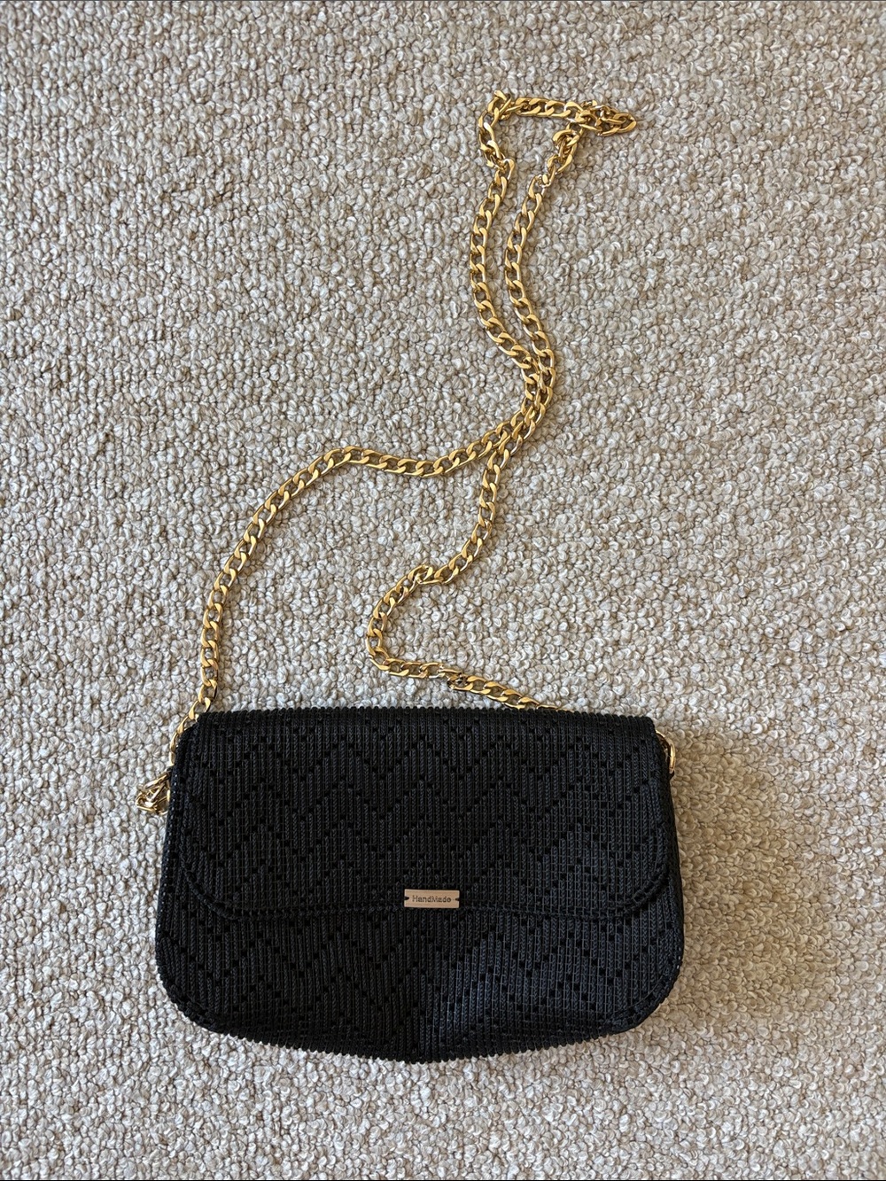 Black Textured Crossbody Bag with Gold Chain Strap